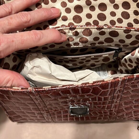 NWT Comely brown faux alligator handbag polka dot scarf that matches the lining - Picture 3 of 11